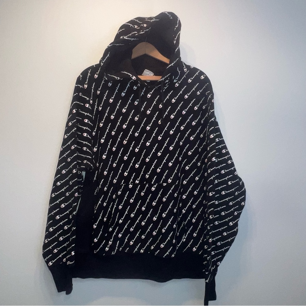 Champion MD Black Reverse Weave All Over Graphic Logo Ribbed Pullover Hoodie